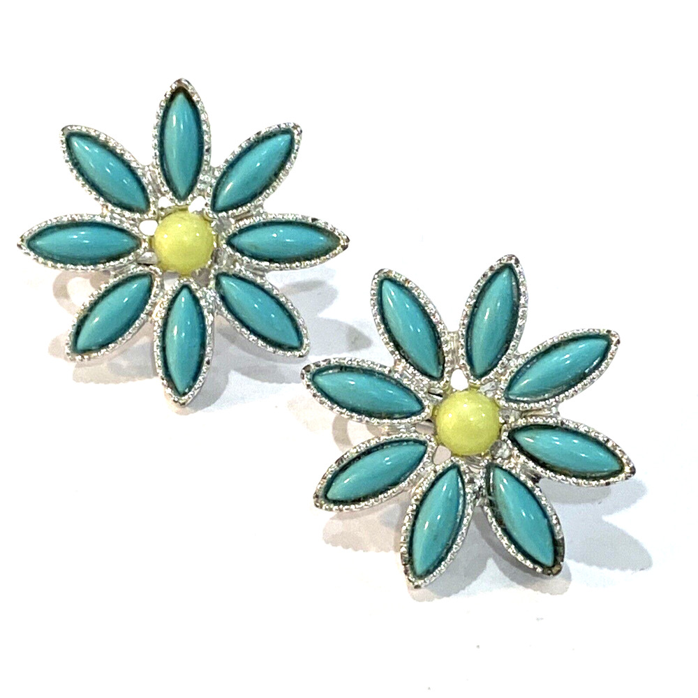 Vintage Sarah Coventry clip on earrings silver blue & green summer daisy flower